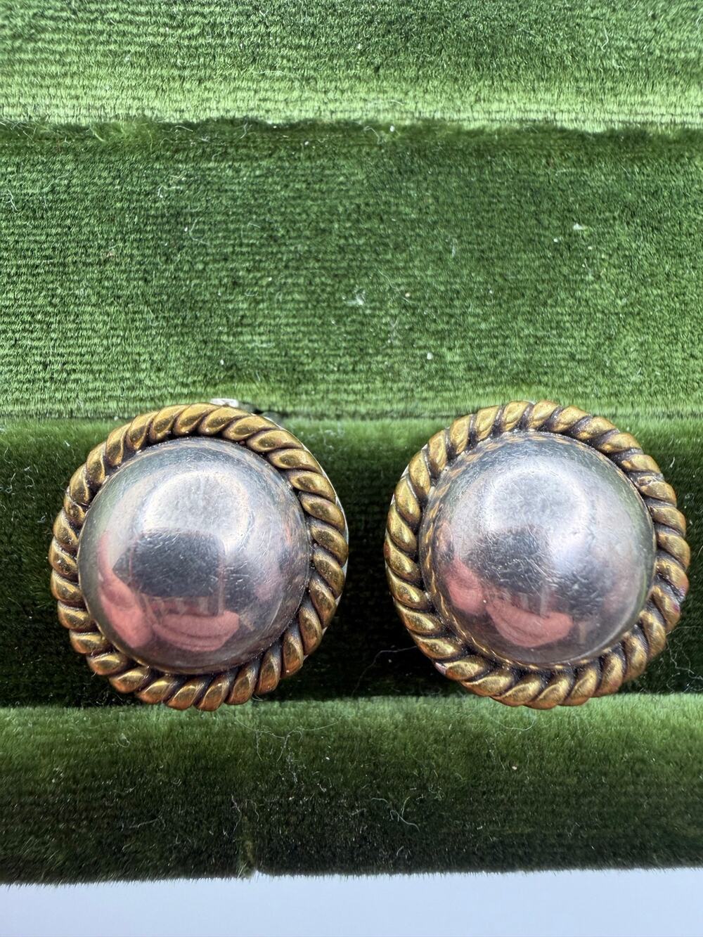 Taxco Mexico 925 Sterling Silver Two-Tone Button clip on Earrings